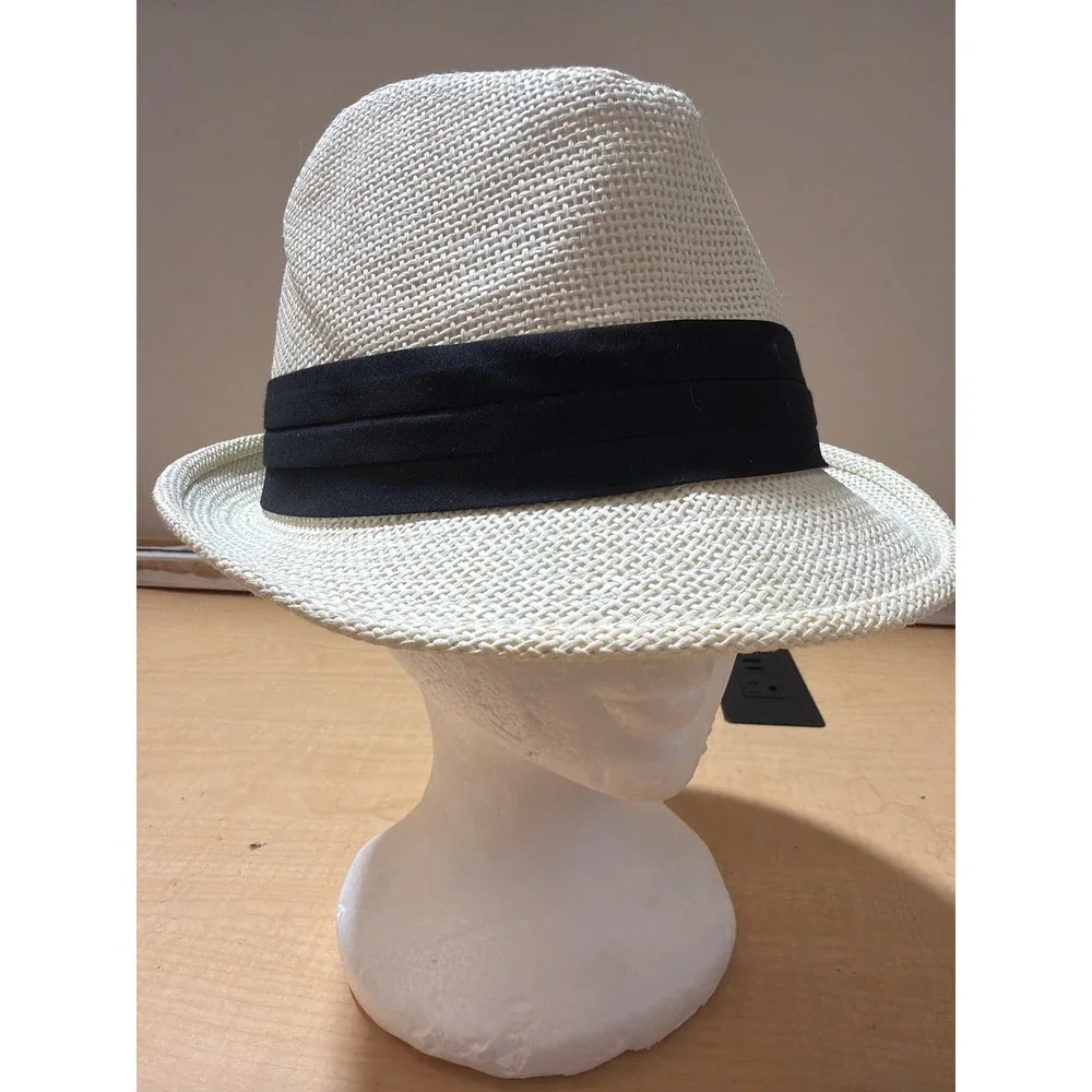 Unbranded Straw Fedora Hat Cream Off-White Black Ribbon Band Size 60-61 Summer